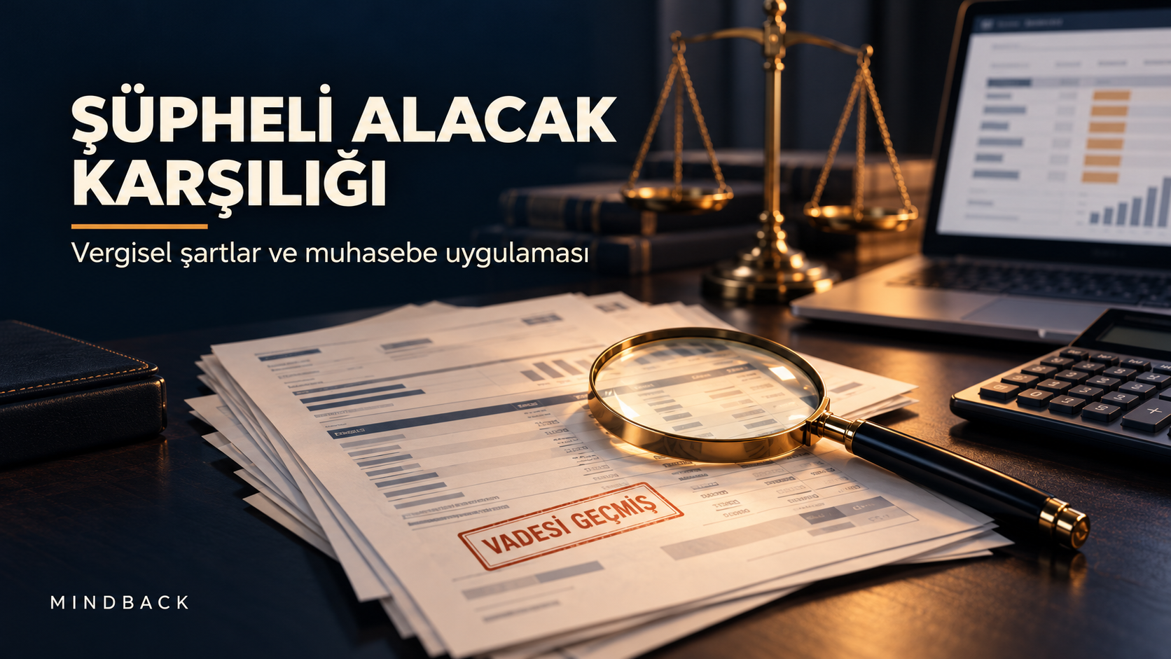 Şüpheli alacak karşılığını temsil eden vadesi geçmiş faturalar, büyüteç ve hukuk terazisi